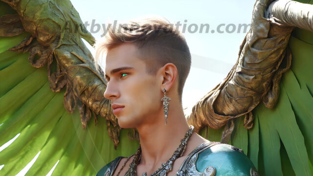 Male Angels of the Holy Divine - The Young & The Beautiful: AI Fantasy Photos of Handsome Male Angels in Elegant Divine Armor, living in the golden city, with Vibrant Holy Wings. AI generated fantasy photos, of handsome male warrior angels, in divine armor with vibrant holy wings. Wearing ethereal or plate holy armor, and glistening golden gilded jewelry, emphasizing his god-like stature, vibrantly colored. Possessing grand feathered wings, that look like swords, these angel warriors are ready to battle on God's command. With men of all ages, races, and body types. In a city of gold, spiritual wonder city in the heavens, with ornate gold buildings, majestic gold architecture, ethereal cityscapes, and mystical waterfalls.