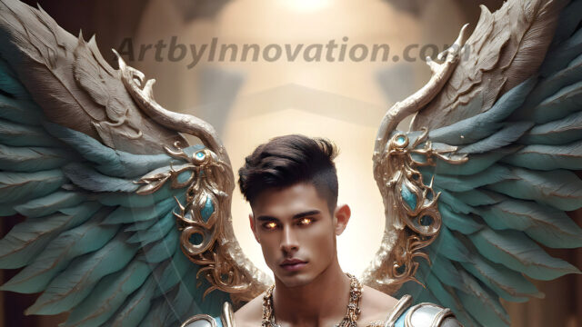 Male Angels of the Holy Divine - The Young & The Beautiful: AI Fantasy Photos of Handsome Male Angels in Elegant Divine Armor, living in the golden city, with Vibrant Holy Wings. AI generated fantasy photos, of handsome male warrior angels, in divine armor with vibrant holy wings. Wearing ethereal or plate holy armor, and glistening golden gilded jewelry, emphasizing his god-like stature, vibrantly colored. Possessing grand feathered wings, that look like swords, these angel warriors are ready to battle on God's command. With men of all ages, races, and body types. In a city of gold, spiritual wonder city in the heavens, with ornate gold buildings, majestic gold architecture, ethereal cityscapes, and mystical waterfalls.