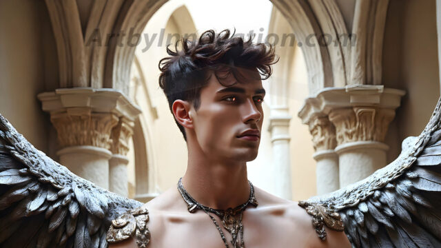 Male Angels of the Holy Divine - The Young & The Beautiful: AI Fantasy Photos of Handsome Male Angels in Elegant Divine Armor, living in the golden city, with Vibrant Holy Wings. AI generated fantasy photos, of handsome male warrior angels, in divine armor with vibrant holy wings. Wearing ethereal or plate holy armor, and glistening golden gilded jewelry, emphasizing his god-like stature, vibrantly colored. Possessing grand feathered wings, that look like swords, these angel warriors are ready to battle on God's command. With men of all ages, races, and body types. In a city of gold, spiritual wonder city in the heavens, with ornate gold buildings, majestic gold architecture, ethereal cityscapes, and mystical waterfalls.
