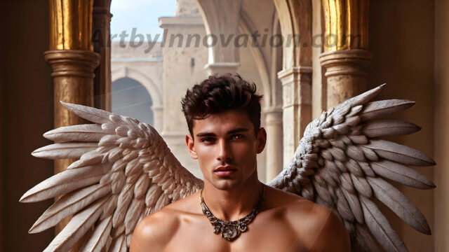Male Angels of the Holy Divine - The Young & The Beautiful: AI Fantasy Photos of Handsome Male Angels in Elegant Divine Armor, living in the golden city, with Vibrant Holy Wings. AI generated fantasy photos, of handsome male warrior angels, in divine armor with vibrant holy wings. Wearing ethereal or plate holy armor, and glistening golden gilded jewelry, emphasizing his god-like stature, vibrantly colored. Possessing grand feathered wings, that look like swords, these angel warriors are ready to battle on God's command. With men of all ages, races, and body types. In a city of gold, spiritual wonder city in the heavens, with ornate gold buildings, majestic gold architecture, ethereal cityscapes, and mystical waterfalls.