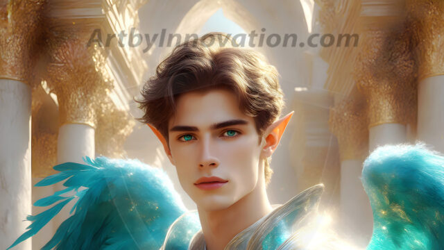 Male Angels of the Holy Divine - The Young & The Beautiful: AI Fantasy Photos of Handsome Male Angels in Elegant Divine Armor, living in the golden city, with Vibrant Holy Wings. AI generated fantasy photos, of handsome male warrior angels, in divine armor with vibrant holy wings. Wearing ethereal or plate holy armor, and glistening golden gilded jewelry, emphasizing his god-like stature, vibrantly colored. Possessing grand feathered wings, that look like swords, these angel warriors are ready to battle on God's command. With men of all ages, races, and body types. In a city of gold, spiritual wonder city in the heavens, with ornate gold buildings, majestic gold architecture, ethereal cityscapes, and mystical waterfalls.