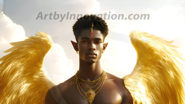Male Angels of the Holy Divine - The Young & The Beautiful: AI Fantasy Photos of Handsome Male Angels in Elegant Divine Armor, living in the golden city, with Vibrant Holy Wings. AI generated fantasy photos, of handsome male warrior angels, in divine armor with vibrant holy wings. Wearing ethereal or plate holy armor, and glistening golden gilded jewelry, emphasizing his god-like stature, vibrantly colored. Possessing grand feathered wings, that look like swords, these angel warriors are ready to battle on God's command. With men of all ages, races, and body types. In a city of gold, spiritual wonder city in the heavens, with ornate gold buildings, majestic gold architecture, ethereal cityscapes, and mystical waterfalls.