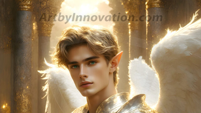 Male Angels of the Holy Divine - The Young & The Beautiful: AI Fantasy Photos of Handsome Male Angels in Elegant Divine Armor, living in the golden city, with Vibrant Holy Wings. AI generated fantasy photos, of handsome male warrior angels, in divine armor with vibrant holy wings. Wearing ethereal or plate holy armor, and glistening golden gilded jewelry, emphasizing his god-like stature, vibrantly colored. Possessing grand feathered wings, that look like swords, these angel warriors are ready to battle on God's command. With men of all ages, races, and body types. In a city of gold, spiritual wonder city in the heavens, with ornate gold buildings, majestic gold architecture, ethereal cityscapes, and mystical waterfalls.