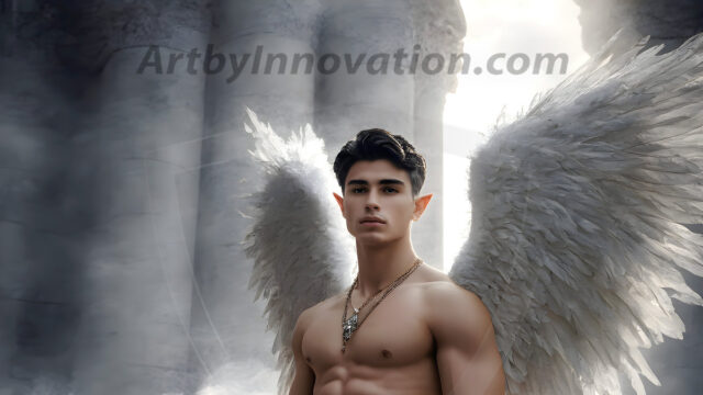 Male Angels of the Holy Divine - The Young & The Beautiful: AI Fantasy Photos of Handsome Male Angels in Elegant Divine Armor, living in the golden city, with Vibrant Holy Wings. AI generated fantasy photos, of handsome male warrior angels, in divine armor with vibrant holy wings. Wearing ethereal or plate holy armor, and glistening golden gilded jewelry, emphasizing his god-like stature, vibrantly colored. Possessing grand feathered wings, that look like swords, these angel warriors are ready to battle on God's command. With men of all ages, races, and body types. In a city of gold, spiritual wonder city in the heavens, with ornate gold buildings, majestic gold architecture, ethereal cityscapes, and mystical waterfalls.
