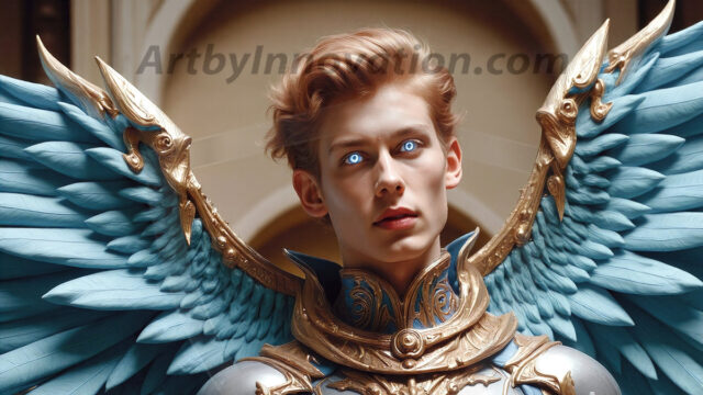 Male Angels of the Holy Divine - The Young & The Beautiful: AI Fantasy Photos of Handsome Male Angels in Elegant Divine Armor, living in the golden city, with Vibrant Holy Wings. AI generated fantasy photos, of handsome male warrior angels, in divine armor with vibrant holy wings. Wearing ethereal or plate holy armor, and glistening golden gilded jewelry, emphasizing his god-like stature, vibrantly colored. Possessing grand feathered wings, that look like swords, these angel warriors are ready to battle on God's command. With men of all ages, races, and body types. In a city of gold, spiritual wonder city in the heavens, with ornate gold buildings, majestic gold architecture, ethereal cityscapes, and mystical waterfalls.