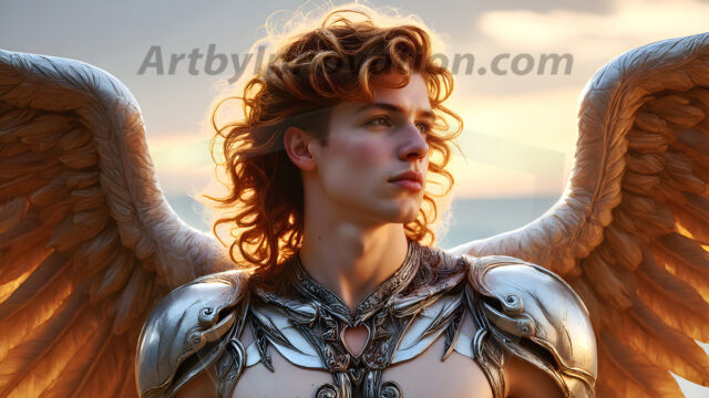 Male Angels of the Holy Divine - The Young & The Beautiful: AI Fantasy Photos of Handsome Male Angels in Elegant Divine Armor, living in the golden city, with Vibrant Holy Wings. AI generated fantasy photos, of handsome male warrior angels, in divine armor with vibrant holy wings. Wearing ethereal or plate holy armor, and glistening golden gilded jewelry, emphasizing his god-like stature, vibrantly colored. Possessing grand feathered wings, that look like swords, these angel warriors are ready to battle on God's command. With men of all ages, races, and body types. In a city of gold, spiritual wonder city in the heavens, with ornate gold buildings, majestic gold architecture, ethereal cityscapes, and mystical waterfalls.