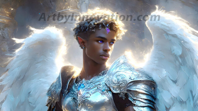 Male Angels of the Holy Divine - The Young & The Beautiful: AI Fantasy Photos of Handsome Male Angels in Elegant Divine Armor, living in the golden city, with Vibrant Holy Wings. AI generated fantasy photos, of handsome male warrior angels, in divine armor with vibrant holy wings. Wearing ethereal or plate holy armor, and glistening golden gilded jewelry, emphasizing his god-like stature, vibrantly colored. Possessing grand feathered wings, that look like swords, these angel warriors are ready to battle on God's command. With men of all ages, races, and body types. In a city of gold, spiritual wonder city in the heavens, with ornate gold buildings, majestic gold architecture, ethereal cityscapes, and mystical waterfalls.