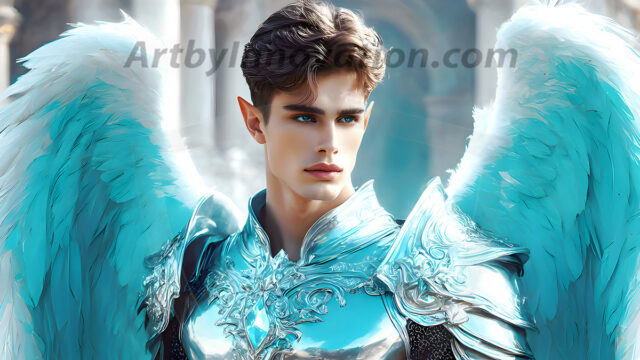 Male Angels of the Holy Divine - The Young & The Beautiful: AI Fantasy Photos of Handsome Male Angels in Elegant Divine Armor, living in the golden city, with Vibrant Holy Wings. AI generated fantasy photos, of handsome male warrior angels, in divine armor with vibrant holy wings. Wearing ethereal or plate holy armor, and glistening golden gilded jewelry, emphasizing his god-like stature, vibrantly colored. Possessing grand feathered wings, that look like swords, these angel warriors are ready to battle on God's command. With men of all ages, races, and body types. In a city of gold, spiritual wonder city in the heavens, with ornate gold buildings, majestic gold architecture, ethereal cityscapes, and mystical waterfalls.