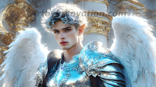 Male Angels of the Holy Divine - The Young & The Beautiful: AI Fantasy Photos of Handsome Male Angels in Elegant Divine Armor, living in the golden city, with Vibrant Holy Wings. AI generated fantasy photos, of handsome male warrior angels, in divine armor with vibrant holy wings. Wearing ethereal or plate holy armor, and glistening golden gilded jewelry, emphasizing his god-like stature, vibrantly colored. Possessing grand feathered wings, that look like swords, these angel warriors are ready to battle on God's command. With men of all ages, races, and body types. In a city of gold, spiritual wonder city in the heavens, with ornate gold buildings, majestic gold architecture, ethereal cityscapes, and mystical waterfalls.