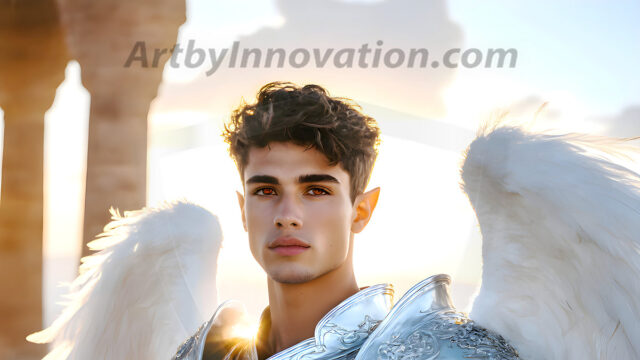 Male Angels of the Holy Divine - The Young & The Beautiful: AI Fantasy Photos of Handsome Male Angels in Elegant Divine Armor, living in the golden city, with Vibrant Holy Wings. AI generated fantasy photos, of handsome male warrior angels, in divine armor with vibrant holy wings. Wearing ethereal or plate holy armor, and glistening golden gilded jewelry, emphasizing his god-like stature, vibrantly colored. Possessing grand feathered wings, that look like swords, these angel warriors are ready to battle on God's command. With men of all ages, races, and body types. In a city of gold, spiritual wonder city in the heavens, with ornate gold buildings, majestic gold architecture, ethereal cityscapes, and mystical waterfalls.