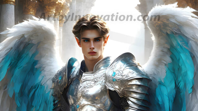 Male Angels of the Holy Divine - The Young & The Beautiful: AI Fantasy Photos of Handsome Male Angels in Elegant Divine Armor, living in the golden city, with Vibrant Holy Wings. AI generated fantasy photos, of handsome male warrior angels, in divine armor with vibrant holy wings. Wearing ethereal or plate holy armor, and glistening golden gilded jewelry, emphasizing his god-like stature, vibrantly colored. Possessing grand feathered wings, that look like swords, these angel warriors are ready to battle on God's command. With men of all ages, races, and body types. In a city of gold, spiritual wonder city in the heavens, with ornate gold buildings, majestic gold architecture, ethereal cityscapes, and mystical waterfalls.