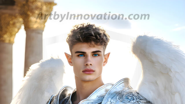 Male Angels of the Holy Divine - The Young & The Beautiful: AI Fantasy Photos of Handsome Male Angels in Elegant Divine Armor, living in the golden city, with Vibrant Holy Wings. AI generated fantasy photos, of handsome male warrior angels, in divine armor with vibrant holy wings. Wearing ethereal or plate holy armor, and glistening golden gilded jewelry, emphasizing his god-like stature, vibrantly colored. Possessing grand feathered wings, that look like swords, these angel warriors are ready to battle on God's command. With men of all ages, races, and body types. In a city of gold, spiritual wonder city in the heavens, with ornate gold buildings, majestic gold architecture, ethereal cityscapes, and mystical waterfalls.
