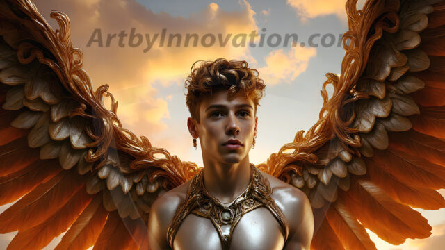Male Angels of the Holy Divine - The Young & The Beautiful: AI Fantasy Photos of Handsome Male Angels in Elegant Divine Armor, living in the golden city, with Vibrant Holy Wings. AI generated fantasy photos, of handsome male warrior angels, in divine armor with vibrant holy wings. Wearing ethereal or plate holy armor, and glistening golden gilded jewelry, emphasizing his god-like stature, vibrantly colored. Possessing grand feathered wings, that look like swords, these angel warriors are ready to battle on God's command. With men of all ages, races, and body types. In a city of gold, spiritual wonder city in the heavens, with ornate gold buildings, majestic gold architecture, ethereal cityscapes, and mystical waterfalls.