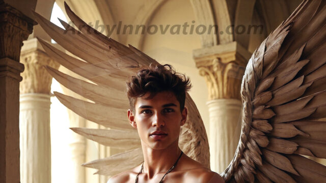 Male Angels of the Holy Divine - The Young & The Beautiful: AI Fantasy Photos of Handsome Male Angels in Elegant Divine Armor, living in the golden city, with Vibrant Holy Wings. AI generated fantasy photos, of handsome male warrior angels, in divine armor with vibrant holy wings. Wearing ethereal or plate holy armor, and glistening golden gilded jewelry, emphasizing his god-like stature, vibrantly colored. Possessing grand feathered wings, that look like swords, these angel warriors are ready to battle on God's command. With men of all ages, races, and body types. In a city of gold, spiritual wonder city in the heavens, with ornate gold buildings, majestic gold architecture, ethereal cityscapes, and mystical waterfalls.