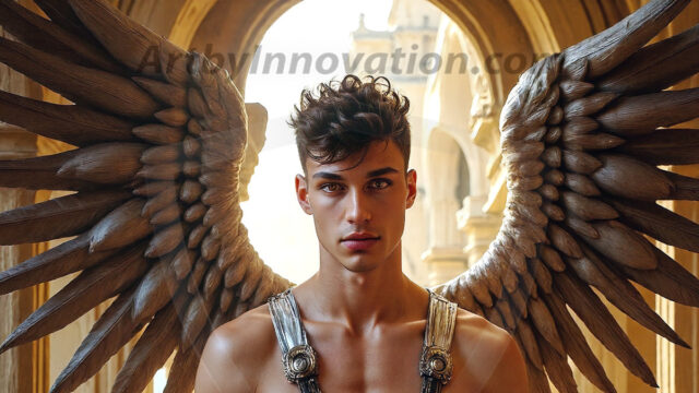 Male Angels of the Holy Divine - The Young & The Beautiful: AI Fantasy Photos of Handsome Male Angels in Elegant Divine Armor, living in the golden city, with Vibrant Holy Wings. AI generated fantasy photos, of handsome male warrior angels, in divine armor with vibrant holy wings. Wearing ethereal or plate holy armor, and glistening golden gilded jewelry, emphasizing his god-like stature, vibrantly colored. Possessing grand feathered wings, that look like swords, these angel warriors are ready to battle on God's command. With men of all ages, races, and body types. In a city of gold, spiritual wonder city in the heavens, with ornate gold buildings, majestic gold architecture, ethereal cityscapes, and mystical waterfalls.