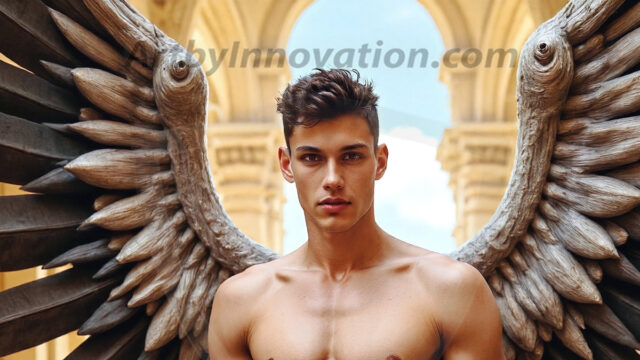 Male Angels of the Holy Divine - The Young & The Beautiful: AI Fantasy Photos of Handsome Male Angels in Elegant Divine Armor, living in the golden city, with Vibrant Holy Wings. AI generated fantasy photos, of handsome male warrior angels, in divine armor with vibrant holy wings. Wearing ethereal or plate holy armor, and glistening golden gilded jewelry, emphasizing his god-like stature, vibrantly colored. Possessing grand feathered wings, that look like swords, these angel warriors are ready to battle on God's command. With men of all ages, races, and body types. In a city of gold, spiritual wonder city in the heavens, with ornate gold buildings, majestic gold architecture, ethereal cityscapes, and mystical waterfalls.