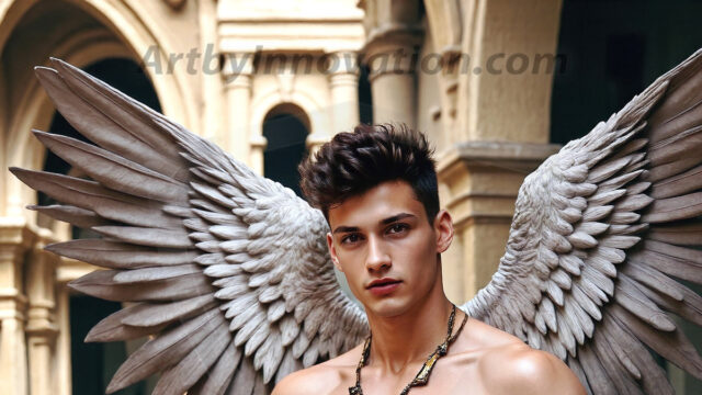 Male Angels of the Holy Divine - The Young & The Beautiful: AI Fantasy Photos of Handsome Male Angels in Elegant Divine Armor, living in the golden city, with Vibrant Holy Wings. AI generated fantasy photos, of handsome male warrior angels, in divine armor with vibrant holy wings. Wearing ethereal or plate holy armor, and glistening golden gilded jewelry, emphasizing his god-like stature, vibrantly colored. Possessing grand feathered wings, that look like swords, these angel warriors are ready to battle on God's command. With men of all ages, races, and body types. In a city of gold, spiritual wonder city in the heavens, with ornate gold buildings, majestic gold architecture, ethereal cityscapes, and mystical waterfalls.