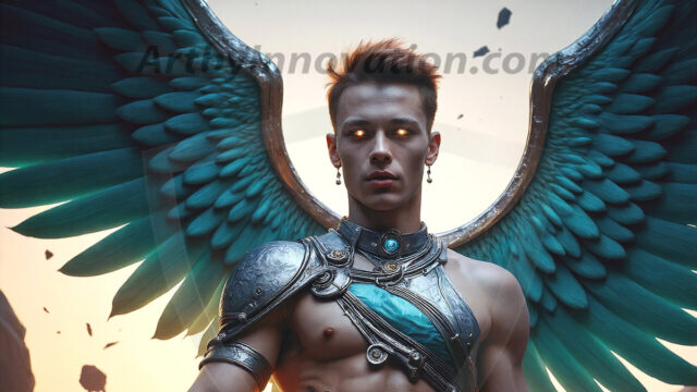 Male Angels of the Holy Divine - The Young & The Beautiful: AI Fantasy Photos of Handsome Male Angels in Elegant Divine Armor, living in the golden city, with Vibrant Holy Wings. AI generated fantasy photos, of handsome male warrior angels, in divine armor with vibrant holy wings. Wearing ethereal or plate holy armor, and glistening golden gilded jewelry, emphasizing his god-like stature, vibrantly colored. Possessing grand feathered wings, that look like swords, these angel warriors are ready to battle on God's command. With men of all ages, races, and body types. In a city of gold, spiritual wonder city in the heavens, with ornate gold buildings, majestic gold architecture, ethereal cityscapes, and mystical waterfalls.