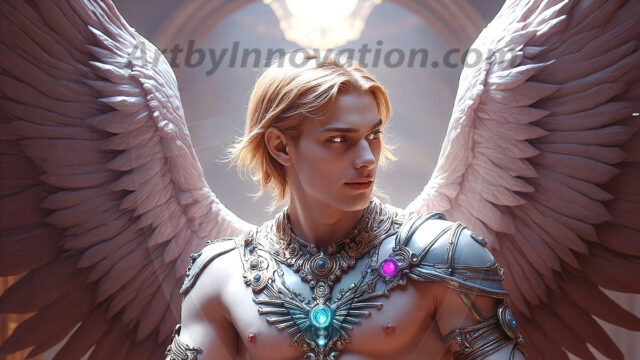 Male Angels of the Holy Divine - The Young & The Beautiful: AI Fantasy Photos of Handsome Male Angels in Elegant Divine Armor, living in the golden city, with Vibrant Holy Wings. AI generated fantasy photos, of handsome male warrior angels, in divine armor with vibrant holy wings. Wearing ethereal or plate holy armor, and glistening golden gilded jewelry, emphasizing his god-like stature, vibrantly colored. Possessing grand feathered wings, that look like swords, these angel warriors are ready to battle on God's command. With men of all ages, races, and body types. In a city of gold, spiritual wonder city in the heavens, with ornate gold buildings, majestic gold architecture, ethereal cityscapes, and mystical waterfalls.