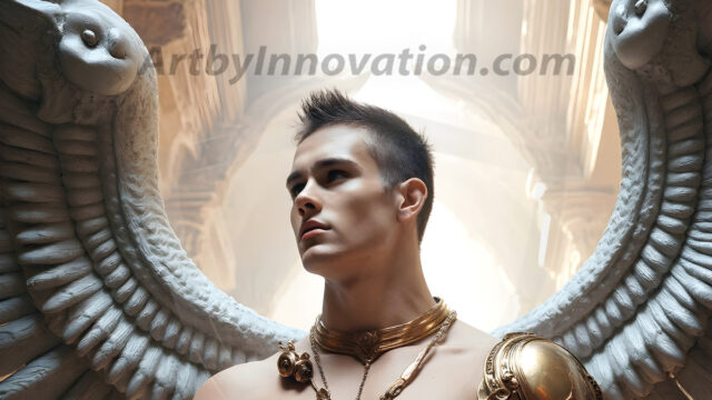 Male Angels of the Holy Divine - The Young & The Beautiful: AI Fantasy Photos of Handsome Male Angels in Elegant Divine Armor, living in the golden city, with Vibrant Holy Wings. AI generated fantasy photos, of handsome male warrior angels, in divine armor with vibrant holy wings. Wearing ethereal or plate holy armor, and glistening golden gilded jewelry, emphasizing his god-like stature, vibrantly colored. Possessing grand feathered wings, that look like swords, these angel warriors are ready to battle on God's command. With men of all ages, races, and body types. In a city of gold, spiritual wonder city in the heavens, with ornate gold buildings, majestic gold architecture, ethereal cityscapes, and mystical waterfalls.