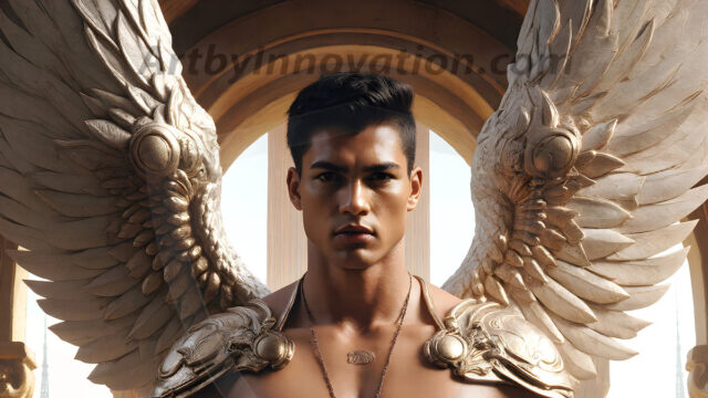 Male Angels of the Holy Divine - The Young & The Beautiful: AI Fantasy Photos of Handsome Male Angels in Elegant Divine Armor, living in the golden city, with Vibrant Holy Wings. AI generated fantasy photos, of handsome male warrior angels, in divine armor with vibrant holy wings. Wearing ethereal or plate holy armor, and glistening golden gilded jewelry, emphasizing his god-like stature, vibrantly colored. Possessing grand feathered wings, that look like swords, these angel warriors are ready to battle on God's command. With men of all ages, races, and body types. In a city of gold, spiritual wonder city in the heavens, with ornate gold buildings, majestic gold architecture, ethereal cityscapes, and mystical waterfalls.