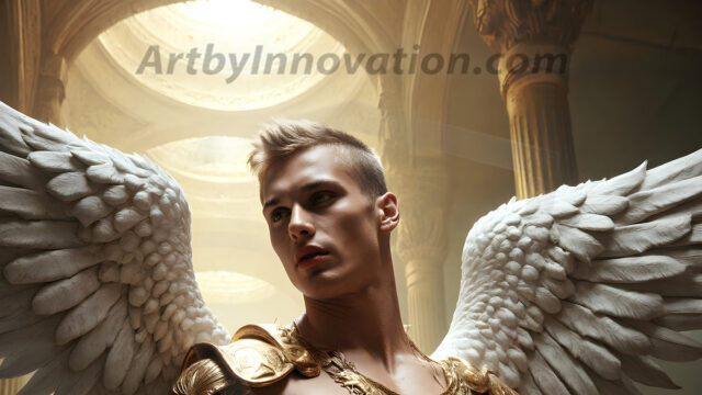 Male Angels of the Holy Divine - The Young & The Beautiful: AI Fantasy Photos of Handsome Male Angels in Elegant Divine Armor, living in the golden city, with Vibrant Holy Wings. AI generated fantasy photos, of handsome male warrior angels, in divine armor with vibrant holy wings. Wearing ethereal or plate holy armor, and glistening golden gilded jewelry, emphasizing his god-like stature, vibrantly colored. Possessing grand feathered wings, that look like swords, these angel warriors are ready to battle on God's command. With men of all ages, races, and body types. In a city of gold, spiritual wonder city in the heavens, with ornate gold buildings, majestic gold architecture, ethereal cityscapes, and mystical waterfalls.
