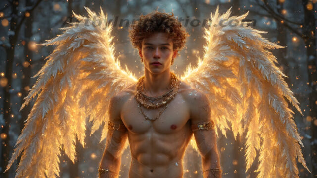 Holy Male Angels of the Elements, with Vibrant Wings. A magical, enchanted fantasy forest, bathed in soft, ethereal light. With towering ancient trees, live the angels of the elements. Stunningly handsome, beautiful, young angel men, who live on earth, deep in the forests. With huge vibrate feathered wings, enormous and shimmering with a radiant hue. The forest is alive with ancient magic.
