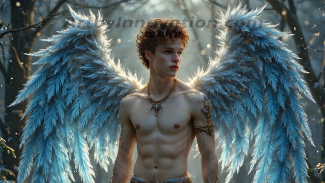 Holy Male Angels of the Elements, with Vibrant Wings. A magical, enchanted fantasy forest, bathed in soft, ethereal light. With towering ancient trees, live the angels of the elements. Stunningly handsome, beautiful, young angel men, who live on earth, deep in the forests. With huge vibrate feathered wings, enormous and shimmering with a radiant hue. The forest is alive with ancient magic.