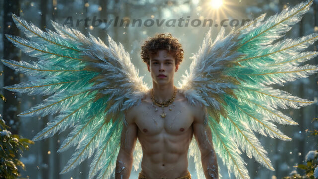 Holy Male Angels of the Elements, with Vibrant Wings. A magical, enchanted fantasy forest, bathed in soft, ethereal light. With towering ancient trees, live the angels of the elements. Stunningly handsome, beautiful, young angel men, who live on earth, deep in the forests. With huge vibrate feathered wings, enormous and shimmering with a radiant hue. The forest is alive with ancient magic.