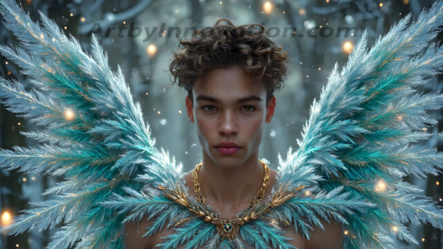 Holy Male Angels of the Elements, with Vibrant Wings. A magical, enchanted fantasy forest, bathed in soft, ethereal light. With towering ancient trees, live the angels of the elements. Stunningly handsome, beautiful, young angel men, who live on earth, deep in the forests. With huge vibrate feathered wings, enormous and shimmering with a radiant hue. The forest is alive with ancient magic.