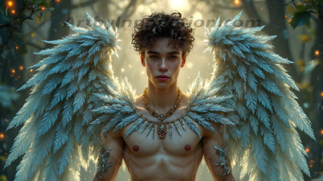 Holy Male Angels of the Elements, with Vibrant Wings. A magical, enchanted fantasy forest, bathed in soft, ethereal light. With towering ancient trees, live the angels of the elements. Stunningly handsome, beautiful, young angel men, who live on earth, deep in the forests. With huge vibrate feathered wings, enormous and shimmering with a radiant hue. The forest is alive with ancient magic.