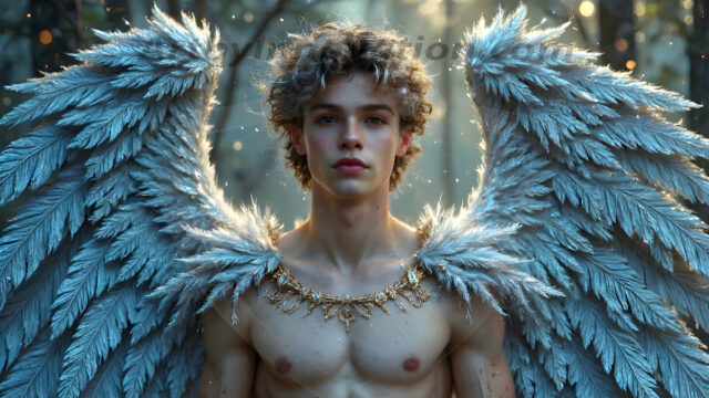 Holy Male Angels of the Elements, with Vibrant Wings. A magical, enchanted fantasy forest, bathed in soft, ethereal light. With towering ancient trees, live the angels of the elements. Stunningly handsome, beautiful, young angel men, who live on earth, deep in the forests. With huge vibrate feathered wings, enormous and shimmering with a radiant hue. The forest is alive with ancient magic.