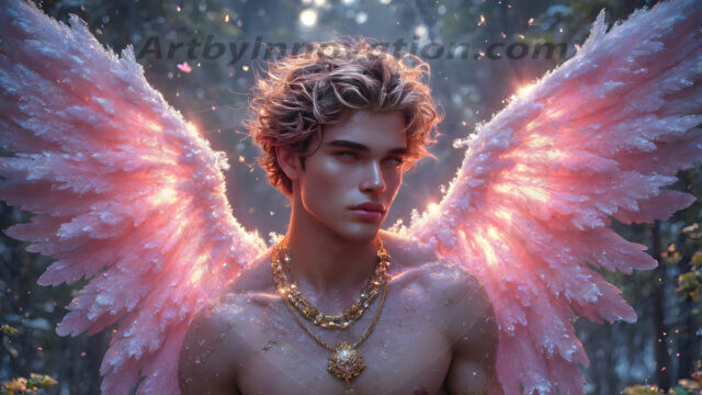 Holy Male Angels of the Elements, with Vibrant Wings. A magical, enchanted fantasy forest, bathed in soft, ethereal light. With towering ancient trees, live the angels of the elements. Stunningly handsome, beautiful, young angel men, who live on earth, deep in the forests. With huge vibrate feathered wings, enormous and shimmering with a radiant hue. The forest is alive with ancient magic.