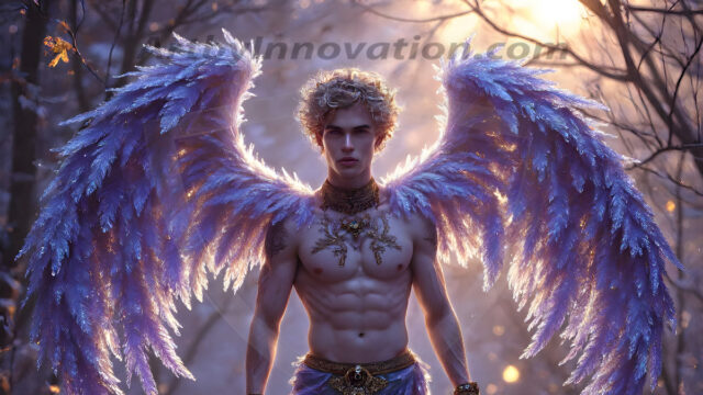 Holy Male Angels of the Elements, with Vibrant Wings. A magical, enchanted fantasy forest, bathed in soft, ethereal light. With towering ancient trees, live the angels of the elements. Stunningly handsome, beautiful, young angel men, who live on earth, deep in the forests. With huge vibrate feathered wings, enormous and shimmering with a radiant hue. The forest is alive with ancient magic.