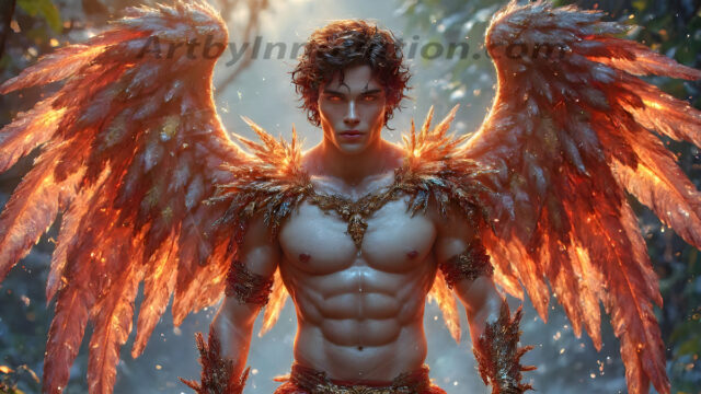 Holy Male Angels of the Elements, with Vibrant Wings. A magical, enchanted fantasy forest, bathed in soft, ethereal light. With towering ancient trees, live the angels of the elements. Stunningly handsome, beautiful, young angel men, who live on earth, deep in the forests. With huge vibrate feathered wings, enormous and shimmering with a radiant hue. The forest is alive with ancient magic.