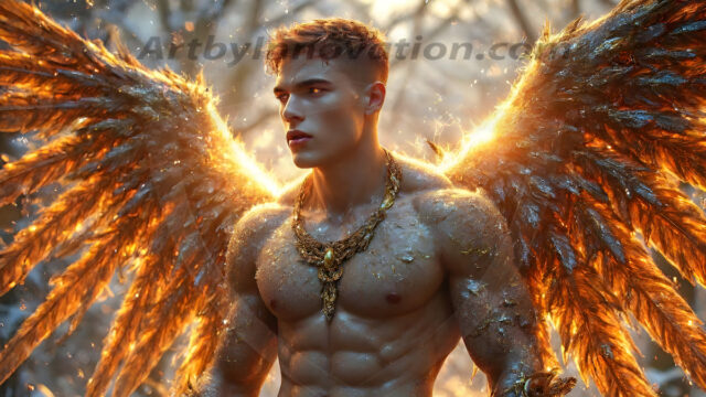 Holy Male Angels of the Elements, with Vibrant Wings. A magical, enchanted fantasy forest, bathed in soft, ethereal light. With towering ancient trees, live the angels of the elements. Stunningly handsome, beautiful, young angel men, who live on earth, deep in the forests. With huge vibrate feathered wings, enormous and shimmering with a radiant hue. The forest is alive with ancient magic.