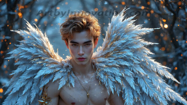 Holy Male Angels of the Elements, with Vibrant Wings. A magical, enchanted fantasy forest, bathed in soft, ethereal light. With towering ancient trees, live the angels of the elements. Stunningly handsome, beautiful, young angel men, who live on earth, deep in the forests. With huge vibrate feathered wings, enormous and shimmering with a radiant hue. The forest is alive with ancient magic.