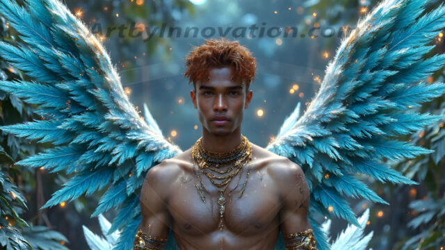 Holy Male Angels of the Elements, with Vibrant Wings. A magical, enchanted fantasy forest, bathed in soft, ethereal light. With towering ancient trees, live the angels of the elements. Stunningly handsome, beautiful, young angel men, who live on earth, deep in the forests. With huge vibrate feathered wings, enormous and shimmering with a radiant hue. The forest is alive with ancient magic.