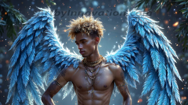 Holy Male Angels of the Elements, with Vibrant Wings. A magical, enchanted fantasy forest, bathed in soft, ethereal light. With towering ancient trees, live the angels of the elements. Stunningly handsome, beautiful, young angel men, who live on earth, deep in the forests. With huge vibrate feathered wings, enormous and shimmering with a radiant hue. The forest is alive with ancient magic.