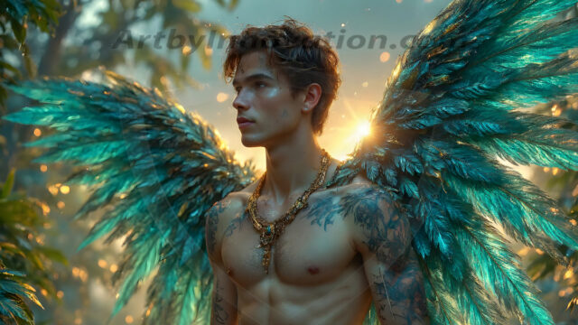 Holy Male Angels of the Elements, with Vibrant Wings. A magical, enchanted fantasy forest, bathed in soft, ethereal light. With towering ancient trees, live the angels of the elements. Stunningly handsome, beautiful, young angel men, who live on earth, deep in the forests. With huge vibrate feathered wings, enormous and shimmering with a radiant hue. The forest is alive with ancient magic.