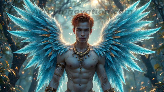 Holy Male Angels of the Elements, with Vibrant Wings. A magical, enchanted fantasy forest, bathed in soft, ethereal light. With towering ancient trees, live the angels of the elements. Stunningly handsome, beautiful, young angel men, who live on earth, deep in the forests. With huge vibrate feathered wings, enormous and shimmering with a radiant hue. The forest is alive with ancient magic.