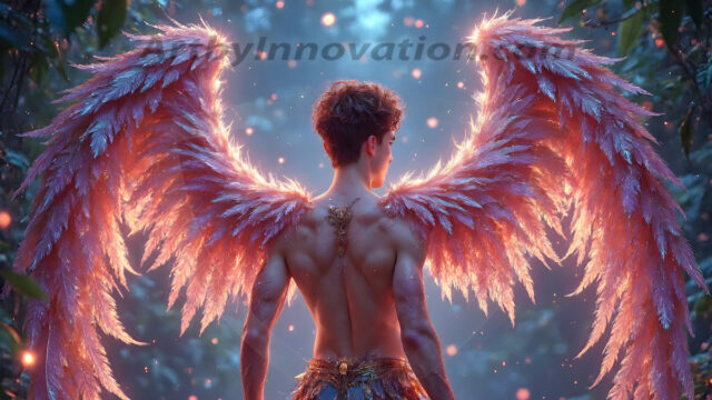 Holy Male Angels of the Elements, with Vibrant Wings. A magical, enchanted fantasy forest, bathed in soft, ethereal light. With towering ancient trees, live the angels of the elements. Stunningly handsome, beautiful, young angel men, who live on earth, deep in the forests. With huge vibrate feathered wings, enormous and shimmering with a radiant hue. The forest is alive with ancient magic.