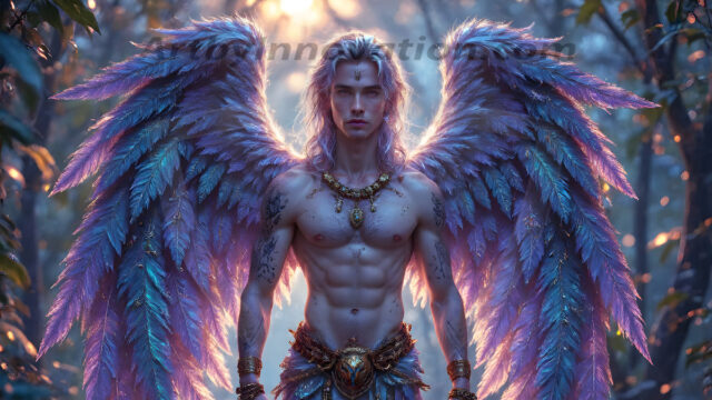 Holy Male Angels of the Elements, with Vibrant Wings. A magical, enchanted fantasy forest, bathed in soft, ethereal light. With towering ancient trees, live the angels of the elements. Stunningly handsome, beautiful, young angel men, who live on earth, deep in the forests. With huge vibrate feathered wings, enormous and shimmering with a radiant hue. The forest is alive with ancient magic.
