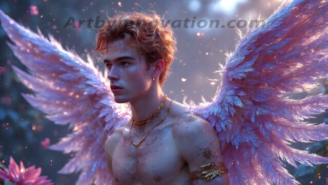 Holy Male Angels of the Elements, with Vibrant Wings. A magical, enchanted fantasy forest, bathed in soft, ethereal light. With towering ancient trees, live the angels of the elements. Stunningly handsome, beautiful, young angel men, who live on earth, deep in the forests. With huge vibrate feathered wings, enormous and shimmering with a radiant hue. The forest is alive with ancient magic.