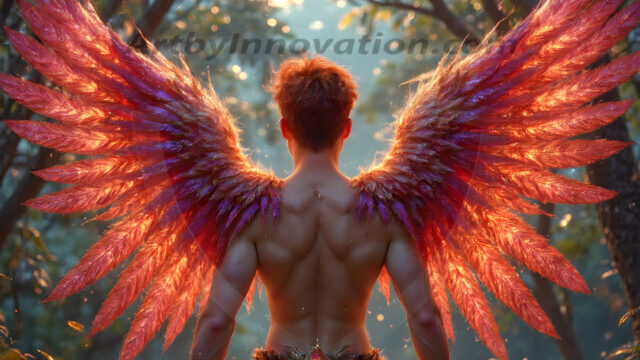 Holy Male Angels of the Elements, with Vibrant Wings. A magical, enchanted fantasy forest, bathed in soft, ethereal light. With towering ancient trees, live the angels of the elements. Stunningly handsome, beautiful, young angel men, who live on earth, deep in the forests. With huge vibrate feathered wings, enormous and shimmering with a radiant hue. The forest is alive with ancient magic.