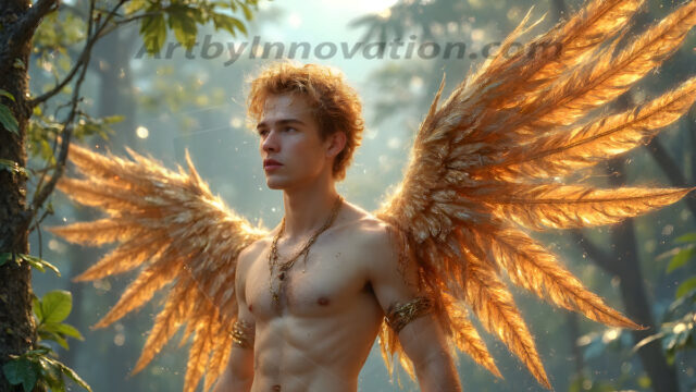 Holy Male Angels of the Elements, with Vibrant Wings. A magical, enchanted fantasy forest, bathed in soft, ethereal light. With towering ancient trees, live the angels of the elements. Stunningly handsome, beautiful, young angel men, who live on earth, deep in the forests. With huge vibrate feathered wings, enormous and shimmering with a radiant hue. The forest is alive with ancient magic.