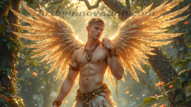 Holy Male Angels of the Elements, with Vibrant Wings. A magical, enchanted fantasy forest, bathed in soft, ethereal light. With towering ancient trees, live the angels of the elements. Stunningly handsome, beautiful, young angel men, who live on earth, deep in the forests. With huge vibrate feathered wings, enormous and shimmering with a radiant hue. The forest is alive with ancient magic.