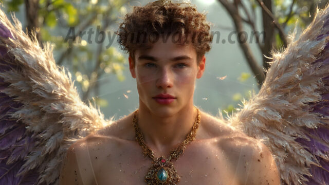 Holy Male Angels of the Elements, with Vibrant Wings. A magical, enchanted fantasy forest, bathed in soft, ethereal light. With towering ancient trees, live the angels of the elements. Stunningly handsome, beautiful, young angel men, who live on earth, deep in the forests. With huge vibrate feathered wings, enormous and shimmering with a radiant hue. The forest is alive with ancient magic.