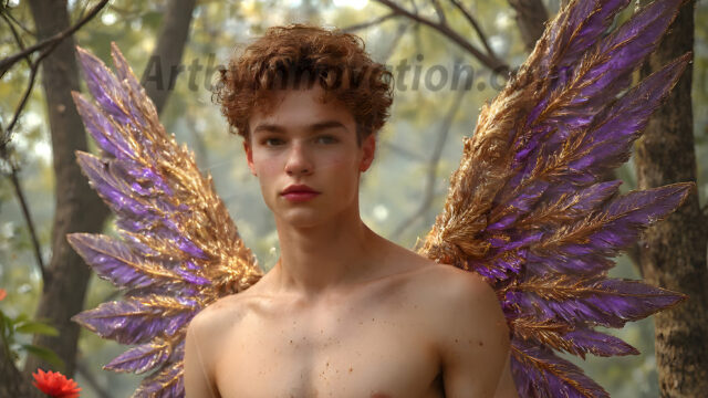 Holy Male Angels of the Elements, with Vibrant Wings. A magical, enchanted fantasy forest, bathed in soft, ethereal light. With towering ancient trees, live the angels of the elements. Stunningly handsome, beautiful, young angel men, who live on earth, deep in the forests. With huge vibrate feathered wings, enormous and shimmering with a radiant hue. The forest is alive with ancient magic.