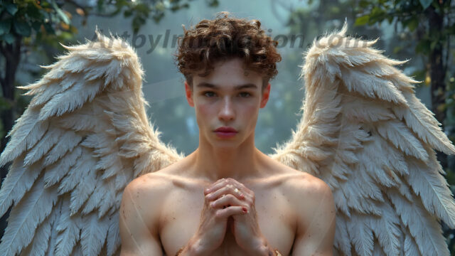 Holy Male Angels of the Elements, with Vibrant Wings. A magical, enchanted fantasy forest, bathed in soft, ethereal light. With towering ancient trees, live the angels of the elements. Stunningly handsome, beautiful, young angel men, who live on earth, deep in the forests. With huge vibrate feathered wings, enormous and shimmering with a radiant hue. The forest is alive with ancient magic.
